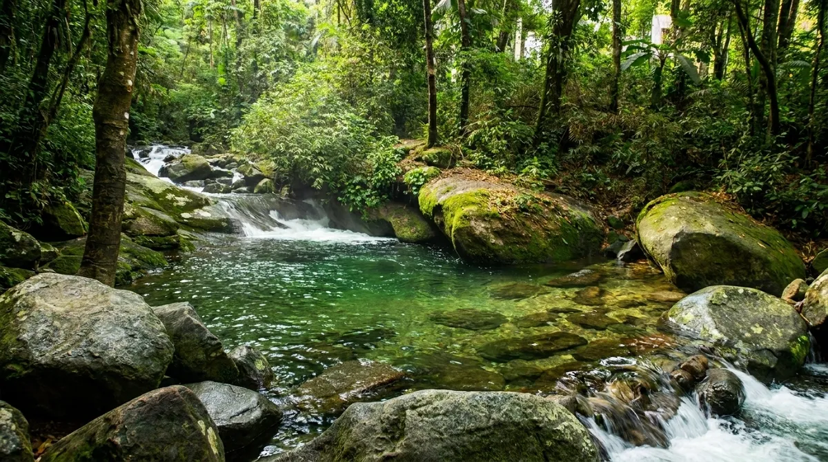Poço das Esmeraldas de Penedo, com águas esverdeadas e cristalinas cercadas de mata