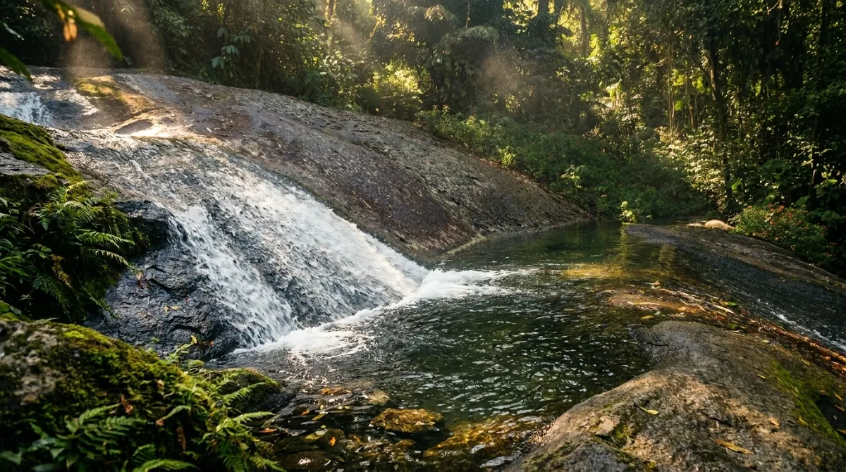 Cachoeira Três Bacias em Penedo, com três piscinas naturais e passarela de concreto, ideal para crianças