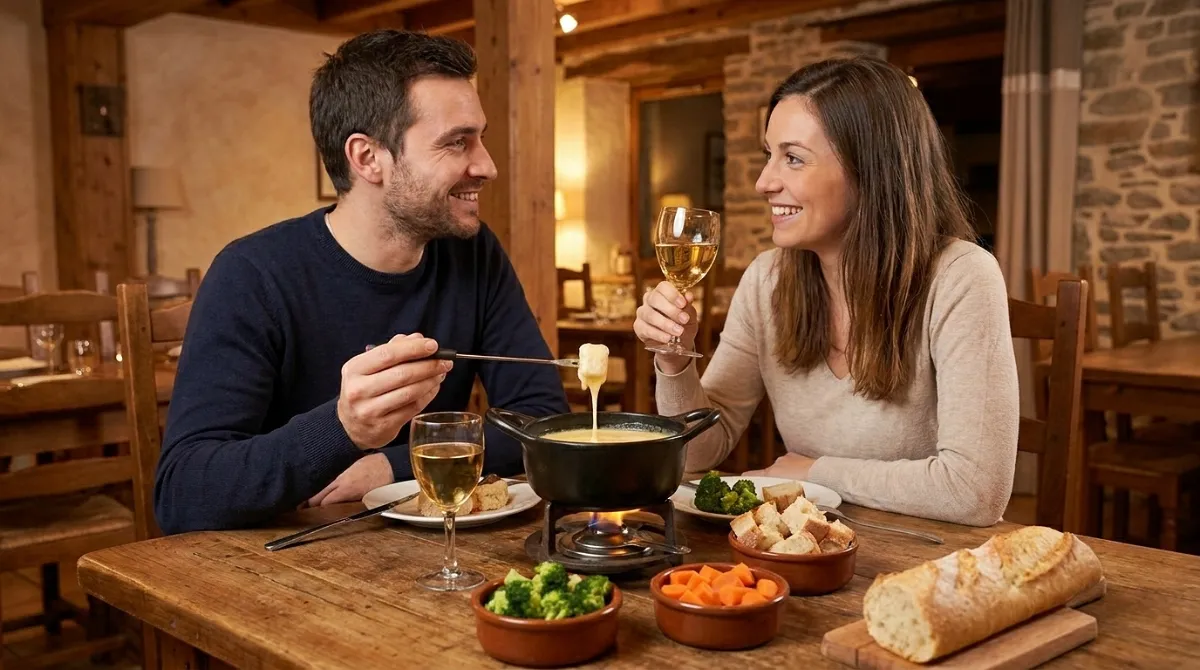 Panela de fondue de queijo derretido com pães e legumes para mergulhar, em restaurante de Penedo