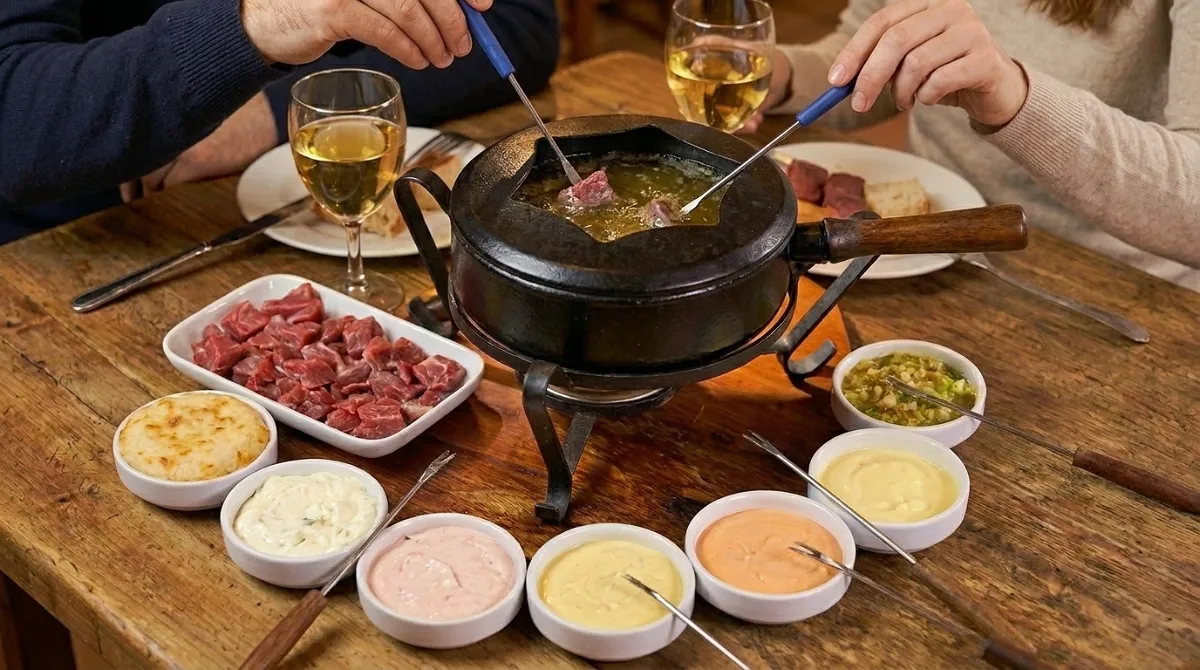 Fondue de carne em Penedo, cortes variados sendo preparados na mesa com molhos