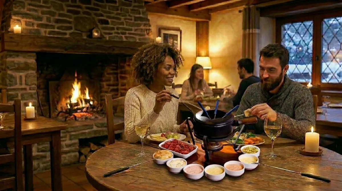 Salão de restaurante de fondue em Penedo com lareira acesa e luz baixa