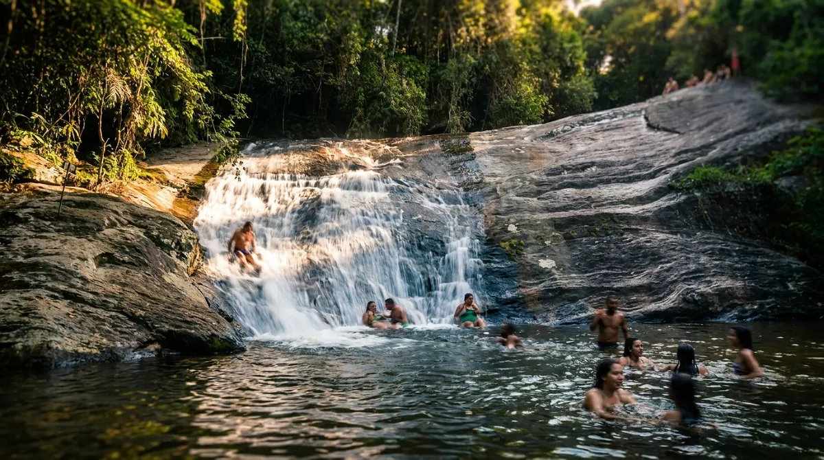 Cachoeira de Deus em Penedo, com queda d'água e poço cristalino