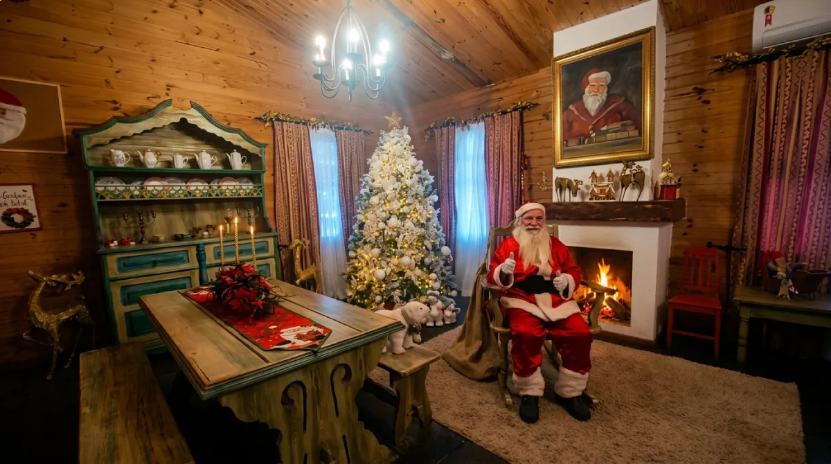 Crianças visitando a Casa do Papai Noel na Pequena Finlândia de Penedo