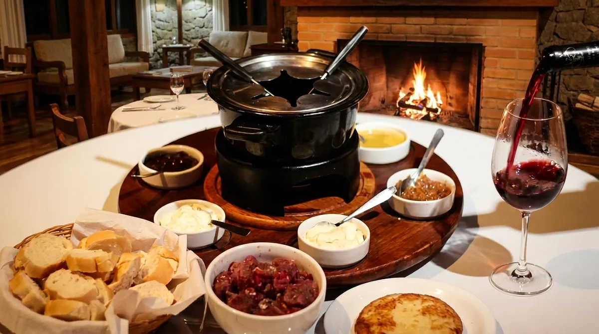 Panela de fondue de queijo em restaurante de Penedo