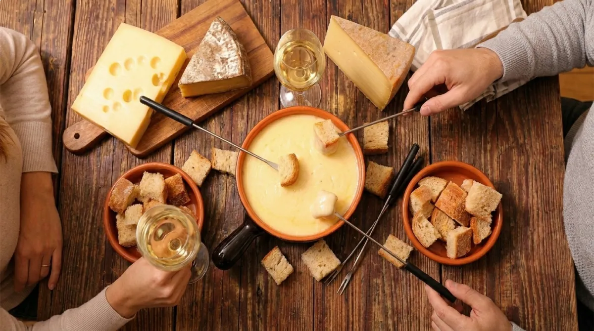 Panela de fondue de queijo derretido na mesa de um restaurante de Penedo