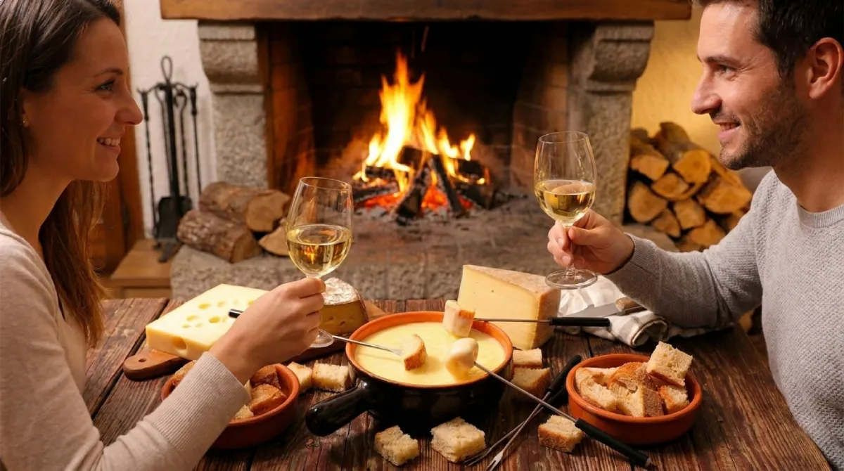 Casal com taças de vinho diante de uma lareira acesa em Penedo