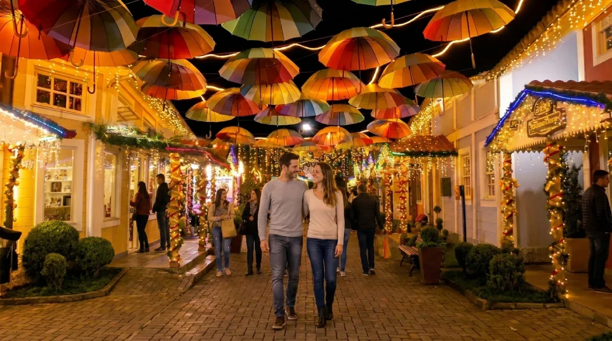 Casal caminhando pela Pequena Finlândia iluminada à noite em Penedo