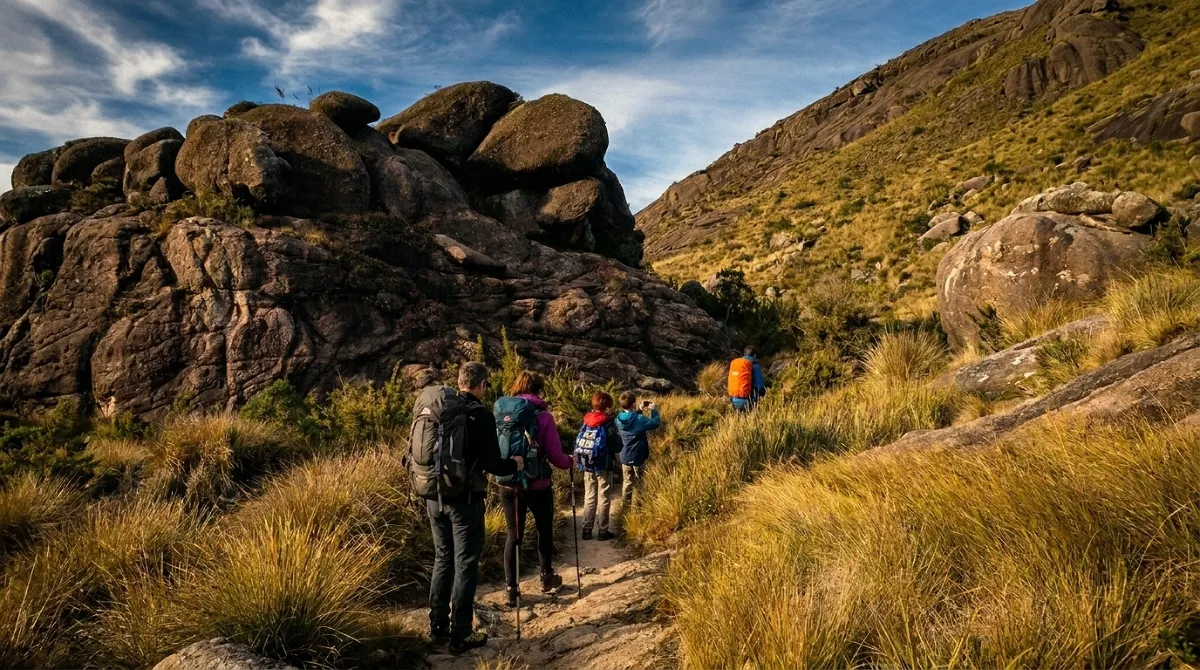 Trilheiros caminhando na parte alta do Parque Nacional do Itatiaia, em meio a campos de altitude