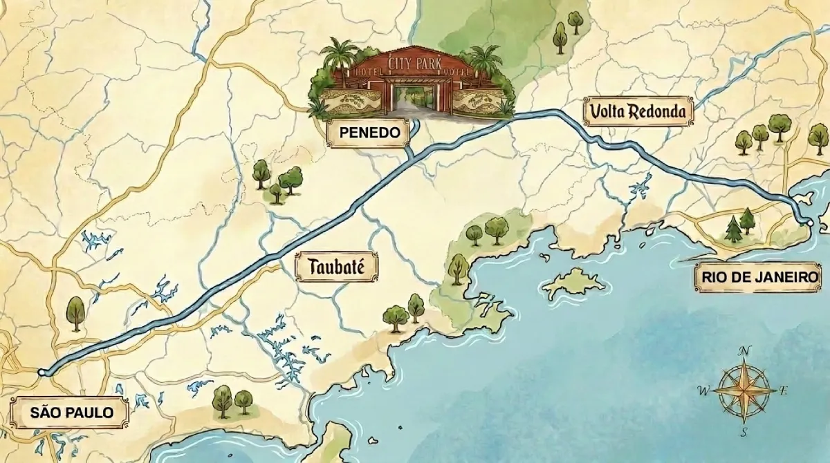 Mapa mostrando a localização de Penedo em relação a São Paulo e Rio de Janeiro